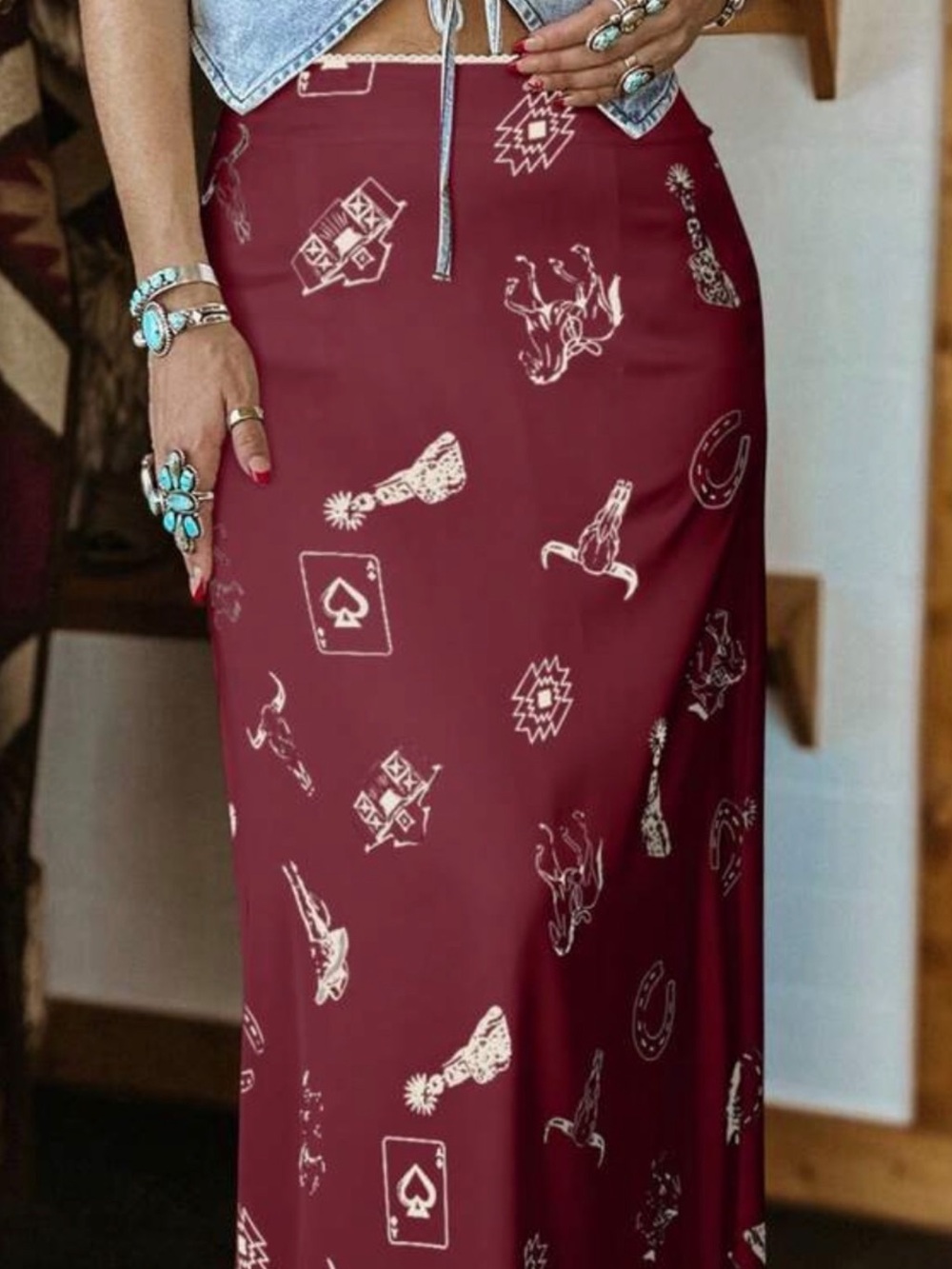 Women’s Burgundy cowboy Printed Maxi Skirt